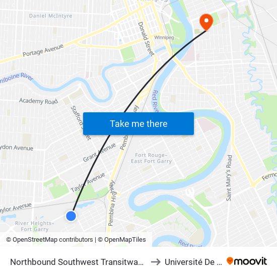 Northbound Southwest Transitway at Beaumont Station (Route 29) to Université De Saint-Boniface map