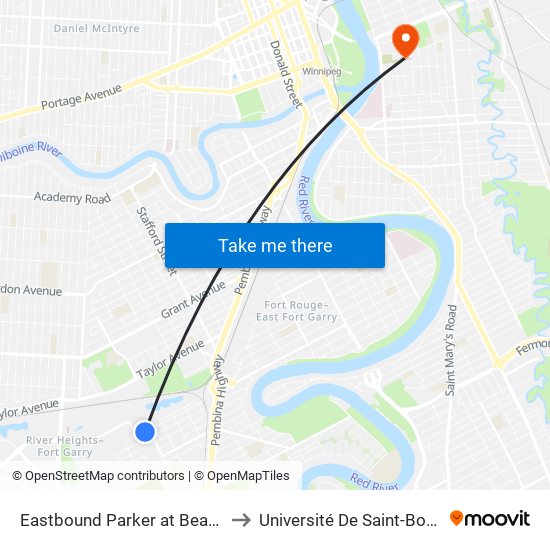 Eastbound Parker at Beaumont to Université De Saint-Boniface map