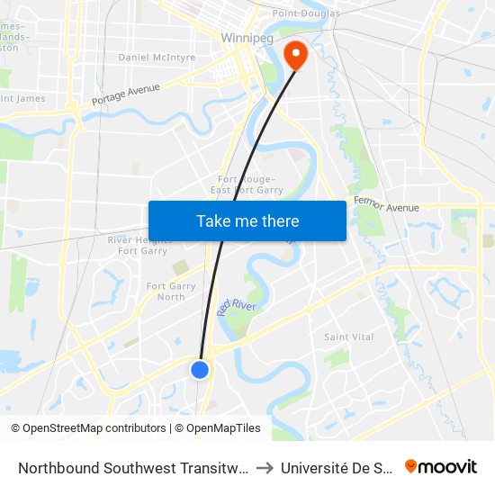 Northbound Southwest Transitway at Chancellor Station to Université De Saint-Boniface map