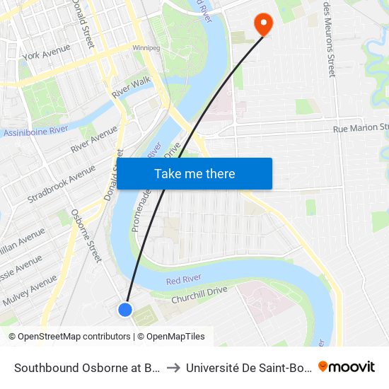 Southbound Osborne at Brandon to Université De Saint-Boniface map