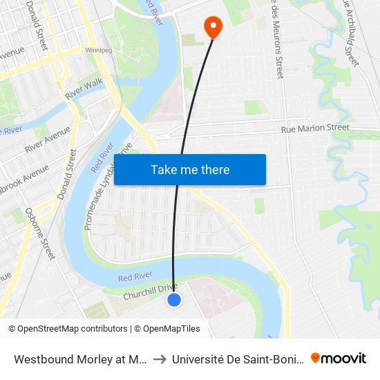 Westbound Morley at Mabel to Université De Saint-Boniface map