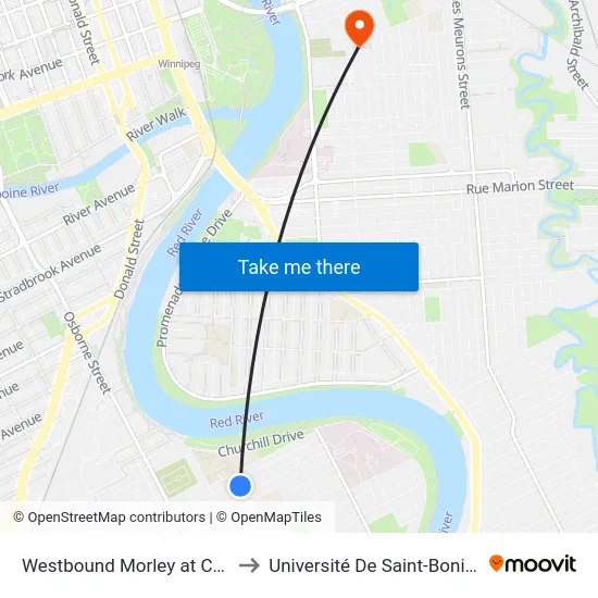 Westbound Morley at Casey to Université De Saint-Boniface map