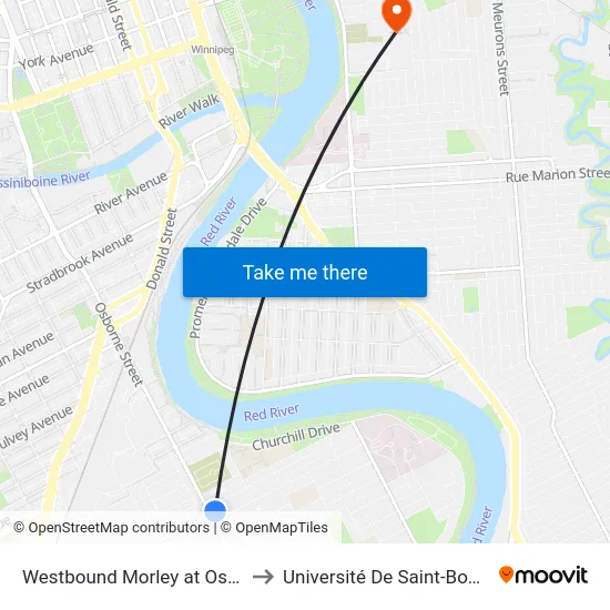 Westbound Morley at Osborne to Université De Saint-Boniface map