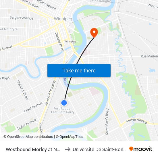 Westbound Morley at Nassau to Université De Saint-Boniface map