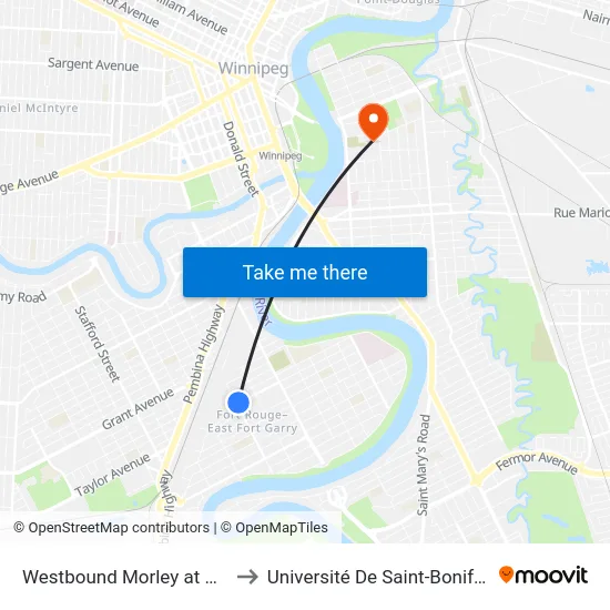 Westbound Morley at Daly to Université De Saint-Boniface map
