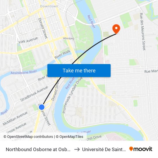 Northbound Osborne at Osborne Junction to Université De Saint-Boniface map