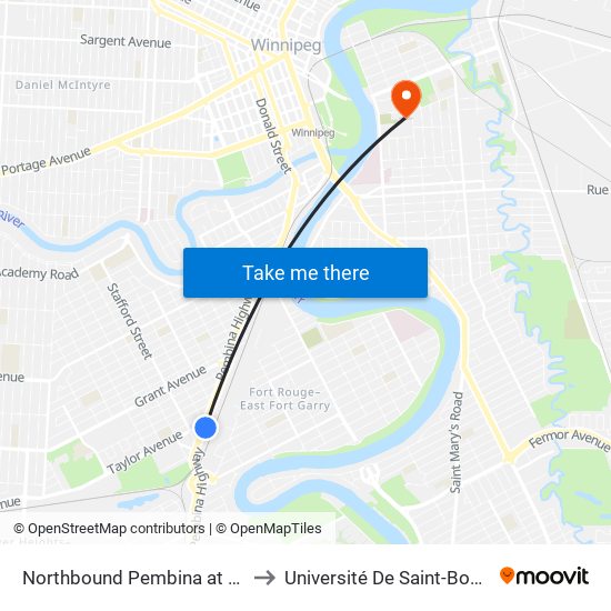 Northbound Pembina at Taylor to Université De Saint-Boniface map