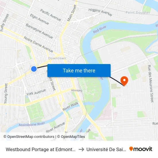 Westbound Portage at Edmonton (Portage Place) to Université De Saint-Boniface map