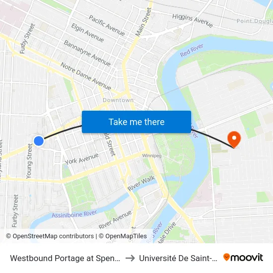 Westbound Portage at Spence (U Of W) to Université De Saint-Boniface map