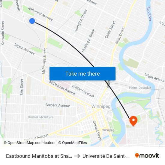 Eastbound Manitoba at Shaughnessy to Université De Saint-Boniface map