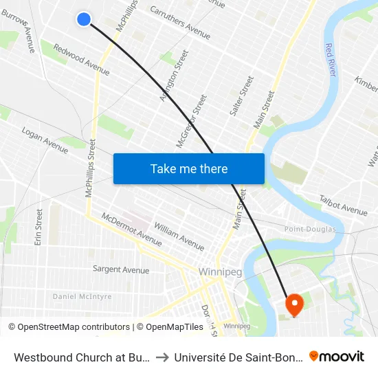 Westbound Church at Bunting to Université De Saint-Boniface map