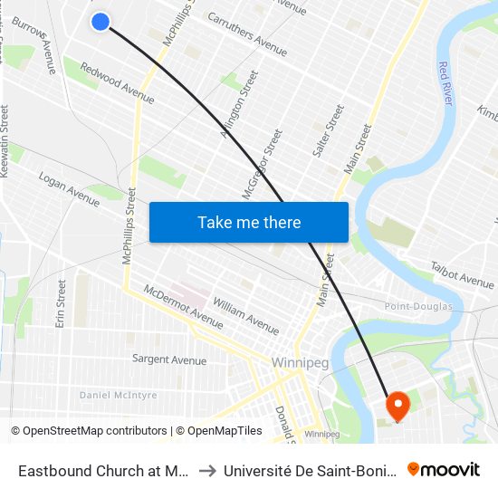 Eastbound Church at Milner to Université De Saint-Boniface map