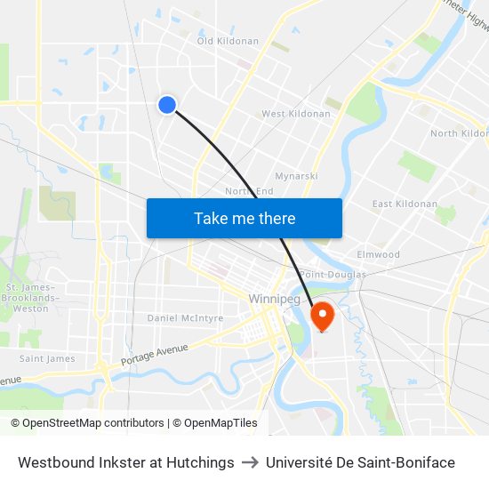 Westbound Inkster at Hutchings to Université De Saint-Boniface map