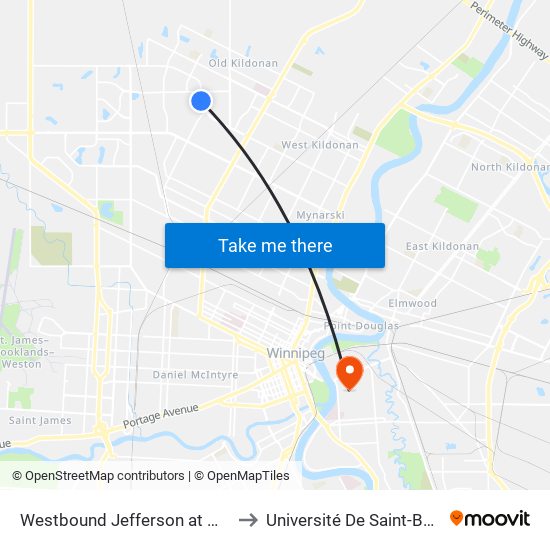 Westbound Jefferson at Maevista to Université De Saint-Boniface map