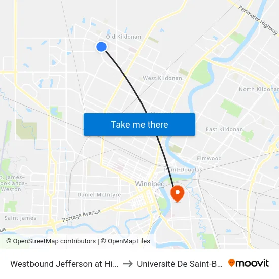 Westbound Jefferson at Hiddleston to Université De Saint-Boniface map