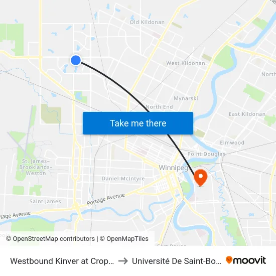 Westbound Kinver at Cropo West to Université De Saint-Boniface map