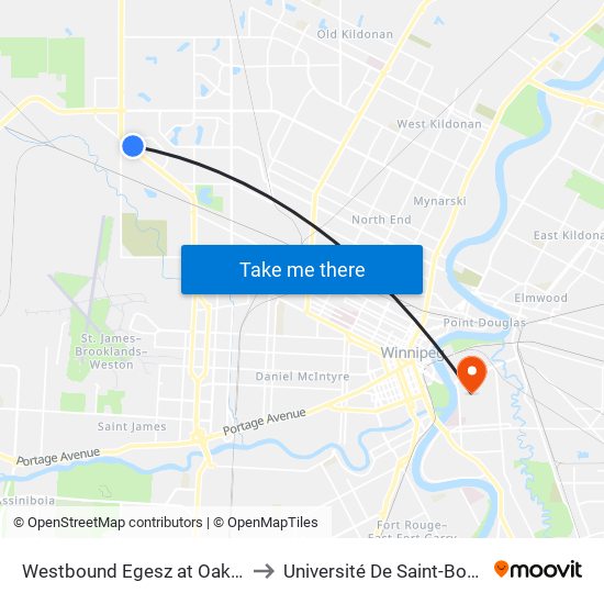 Westbound Egesz at Oak Point to Université De Saint-Boniface map