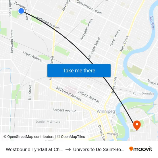 Westbound Tyndall at Chudley to Université De Saint-Boniface map