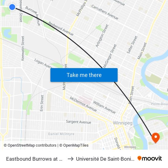 Eastbound Burrows at Avery to Université De Saint-Boniface map