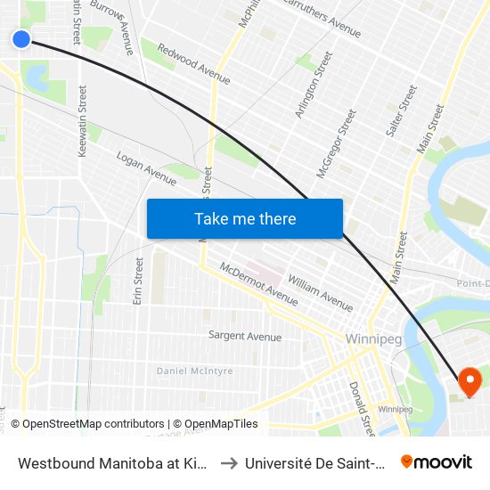 Westbound Manitoba at King Edward to Université De Saint-Boniface map