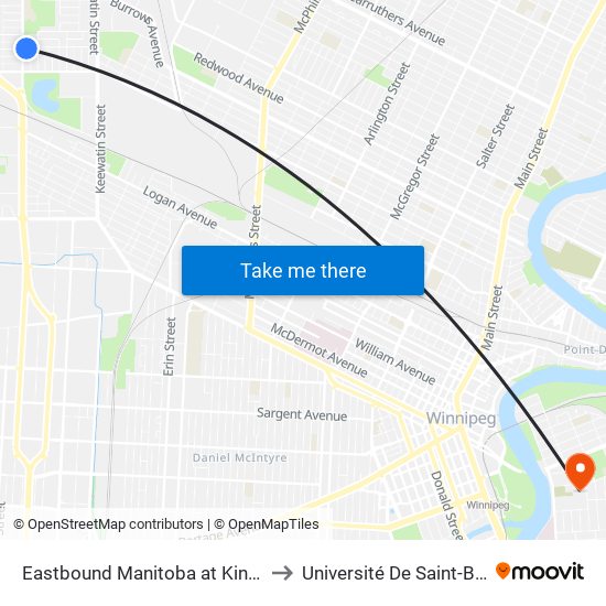 Eastbound Manitoba at King Edward to Université De Saint-Boniface map