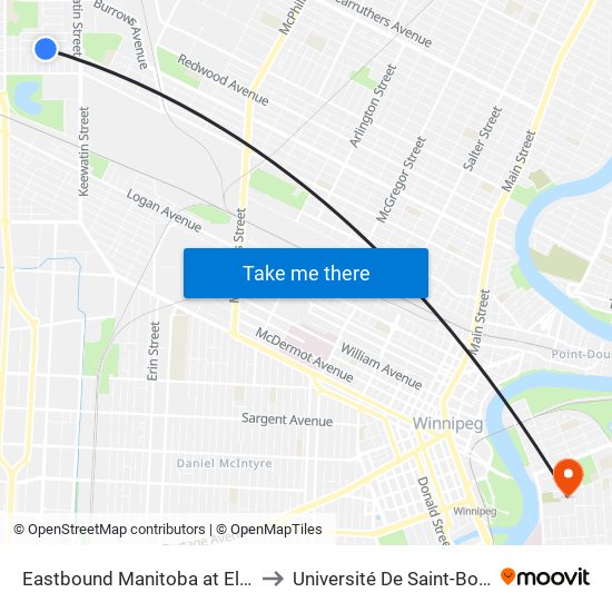 Eastbound Manitoba at Ellington to Université De Saint-Boniface map