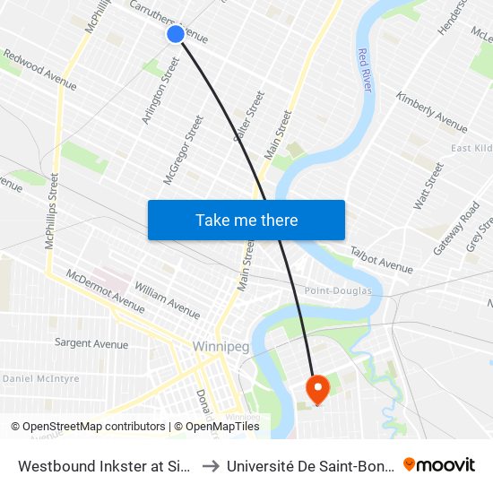 Westbound Inkster at Sinclair to Université De Saint-Boniface map