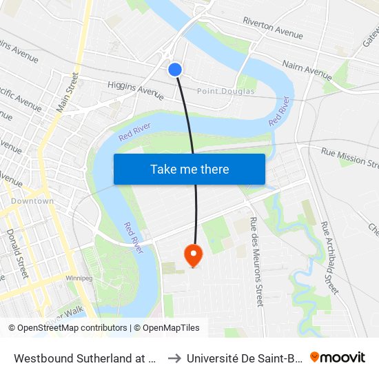 Westbound Sutherland at Annabella to Université De Saint-Boniface map
