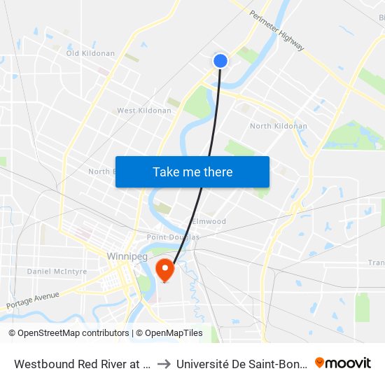 Westbound Red River at Main to Université De Saint-Boniface map