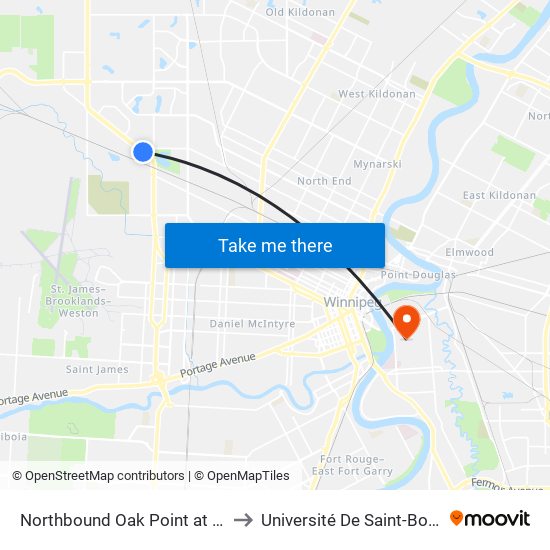 Northbound Oak Point at Selkirk to Université De Saint-Boniface map