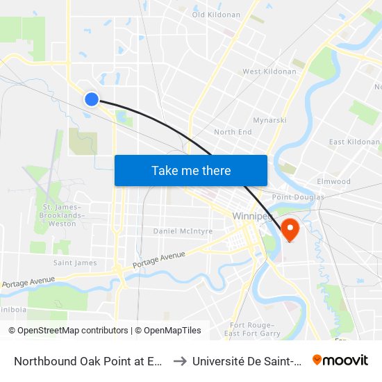 Northbound Oak Point at Egesz South to Université De Saint-Boniface map