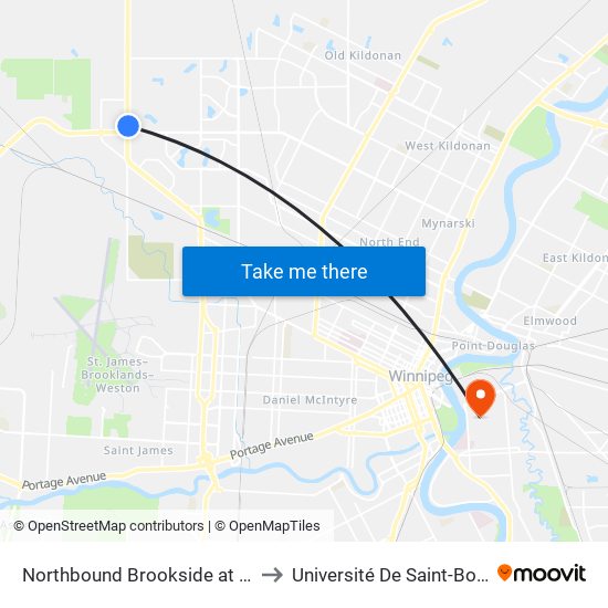 Northbound Brookside at Inkster to Université De Saint-Boniface map