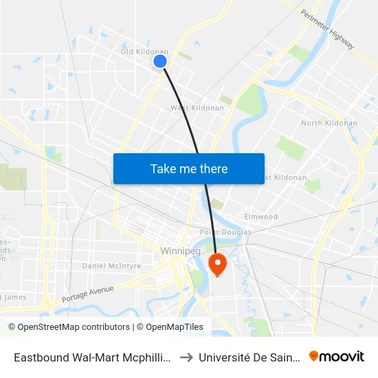Eastbound Wal-Mart Mcphillips at Wal-Mart to Université De Saint-Boniface map