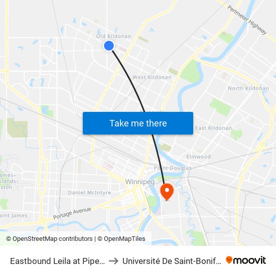 Eastbound Leila at Pipeline to Université De Saint-Boniface map