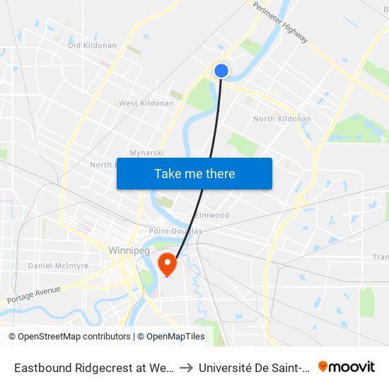 Eastbound Ridgecrest at West Kildonan to Université De Saint-Boniface map