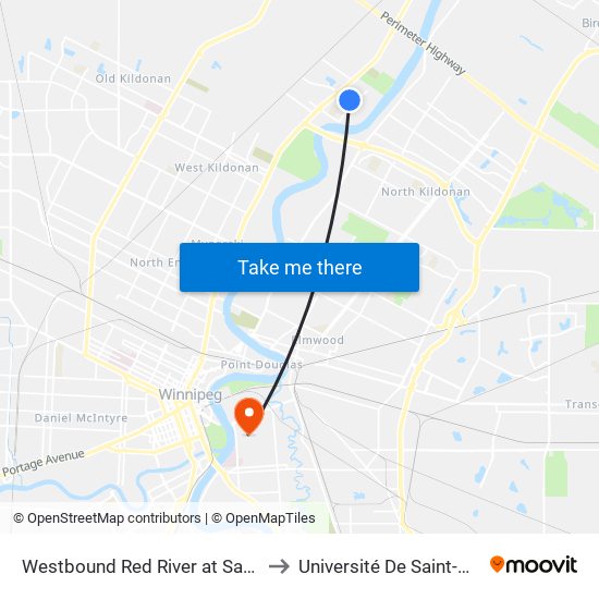 Westbound Red River at Sandalwood to Université De Saint-Boniface map