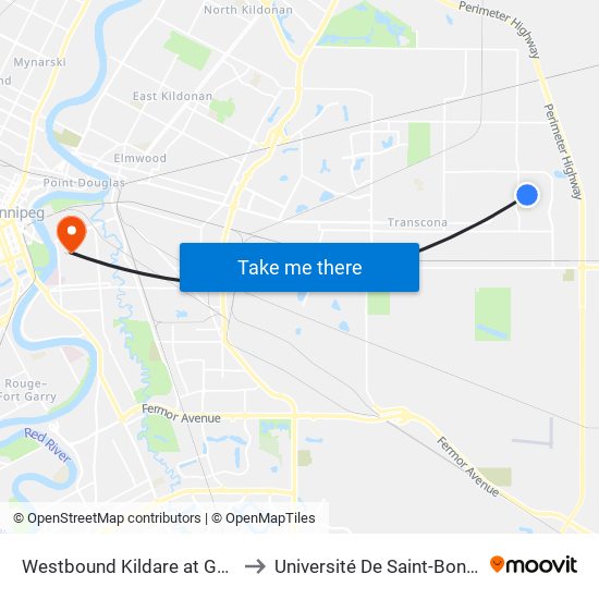 Westbound Kildare at Gables to Université De Saint-Boniface map