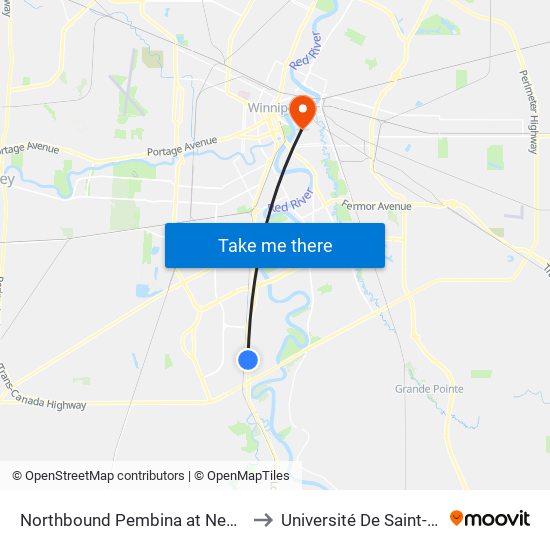 Northbound Pembina at Newdale North to Université De Saint-Boniface map