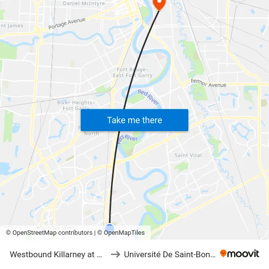 Westbound Killarney at Baylor to Université De Saint-Boniface map
