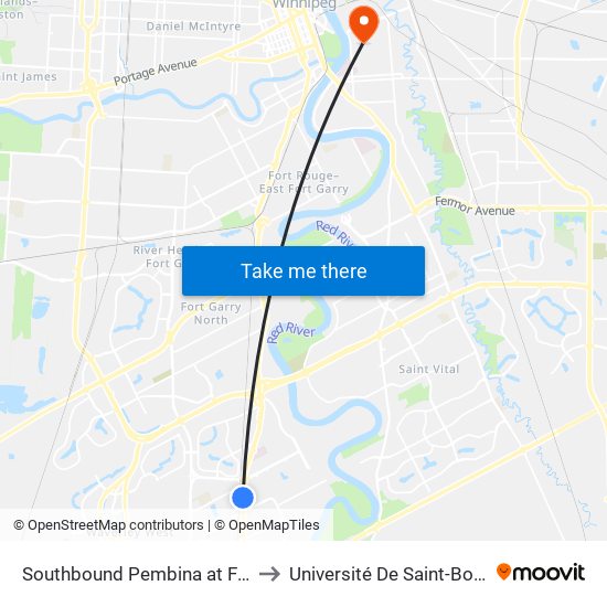 Southbound Pembina at Fairfield to Université De Saint-Boniface map