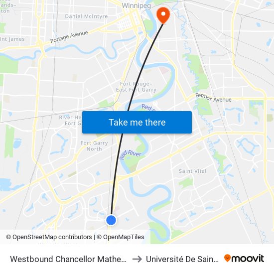 Westbound Chancellor Matheson at Pembina to Université De Saint-Boniface map