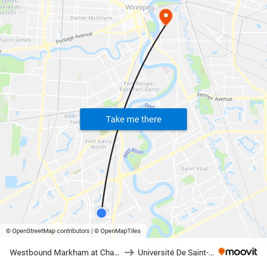 Westbound Markham at Chancellor West to Université De Saint-Boniface map