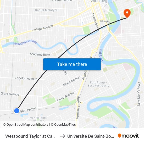 Westbound Taylor at Campbell to Université De Saint-Boniface map