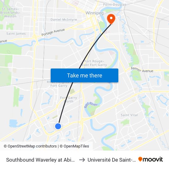 Southbound Waverley at Abinojii Mikanah to Université De Saint-Boniface map