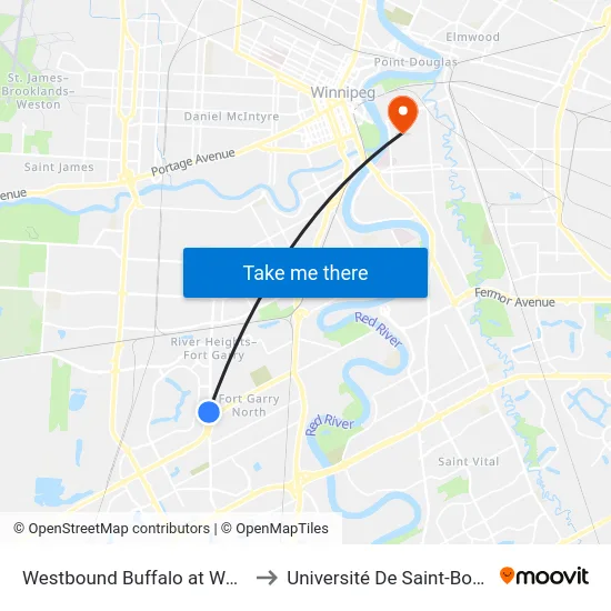 Westbound Buffalo at Waverley to Université De Saint-Boniface map
