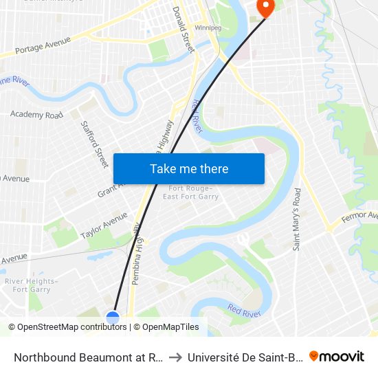 Northbound Beaumont at Riverwood to Université De Saint-Boniface map