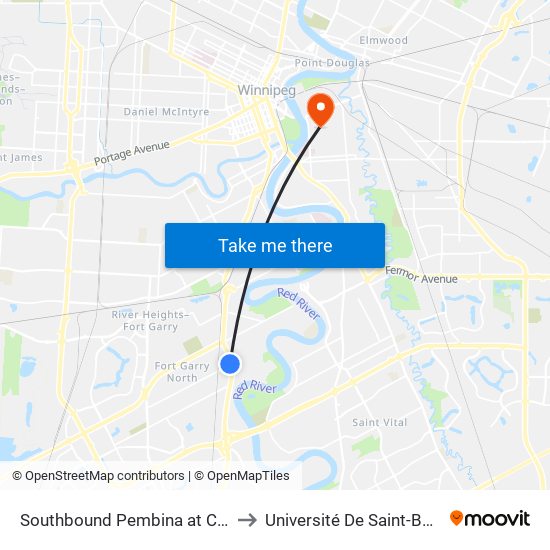 Southbound Pembina at Clarence to Université De Saint-Boniface map