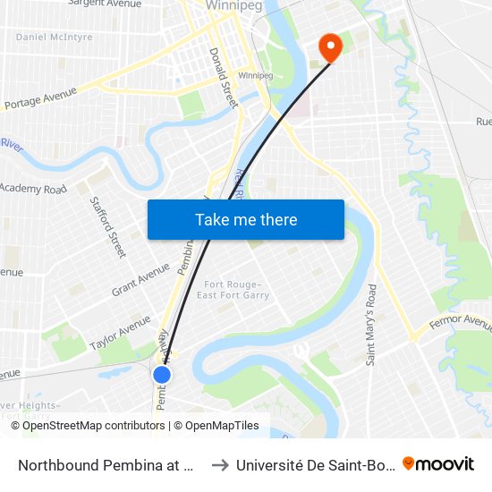 Northbound Pembina at Merriam to Université De Saint-Boniface map