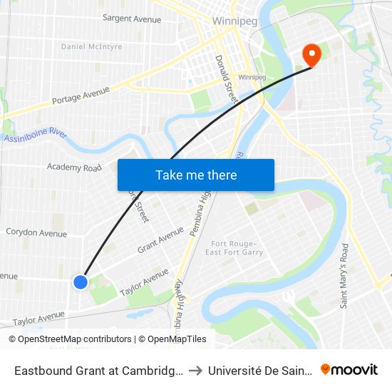 Eastbound Grant at Cambridge (Park & Ride) to Université De Saint-Boniface map
