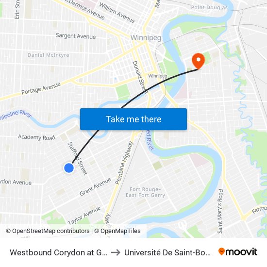 Westbound Corydon at Guelph to Université De Saint-Boniface map